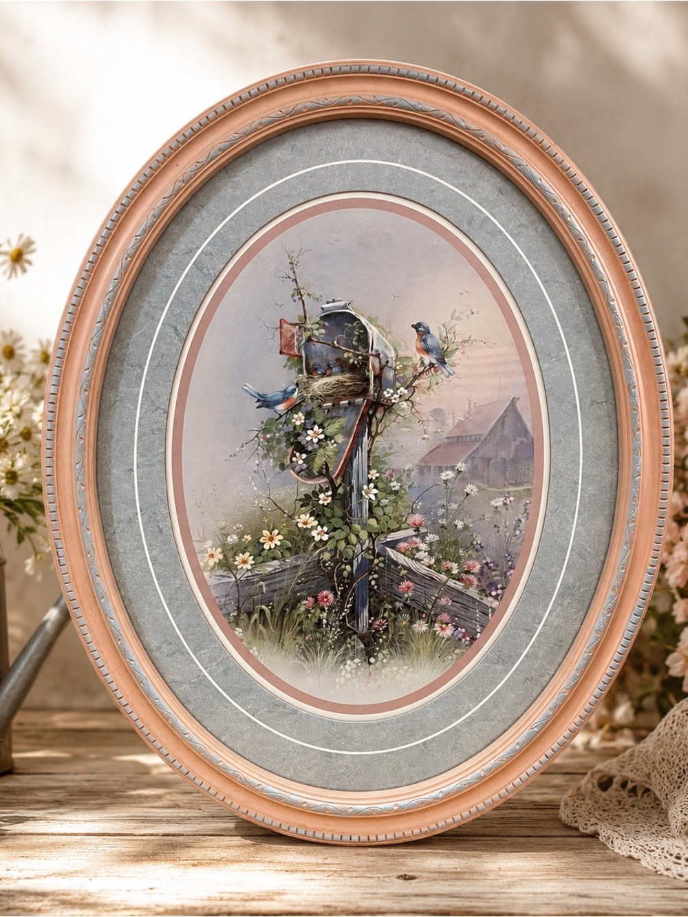 Vintage Bluebird Mailbox Oval Framed Print, 1980s Cottagecore Country Wall Art